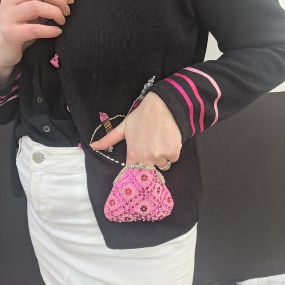 Michael Simon pink beaded lipstick black cardigan - Picture 10 of 11